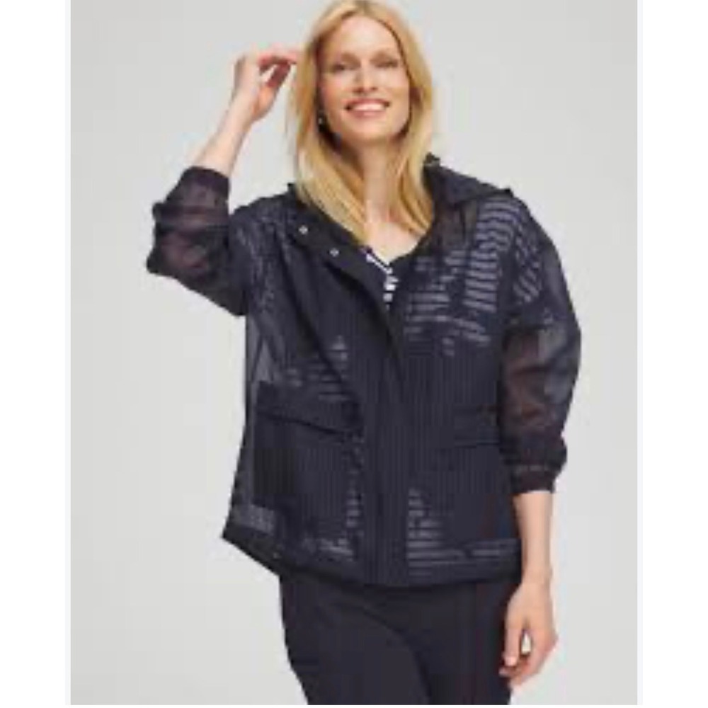 Chicos Sheer Textured Jacket Womens 0.5 S Navy Blue Grid Hooded Lightweight
